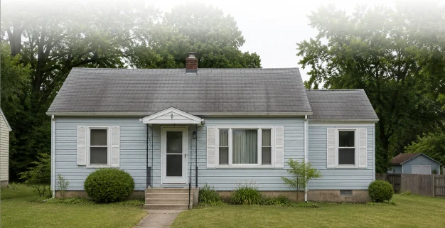 Modest light-blue Kansas City house with a mowed front lawn